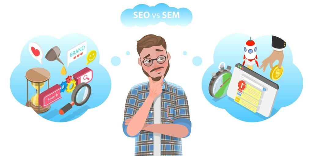 conceptual illustration of seo vs sem vector SEO vs SEM: Um Guia para Maximizar sua Visibilidade e Aumentar o Tráfego